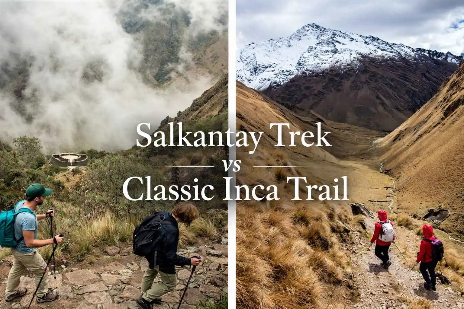 Salkantay Trek vs Classic Inca Trail hikers comparing landscapes on the way to Machu Picchu