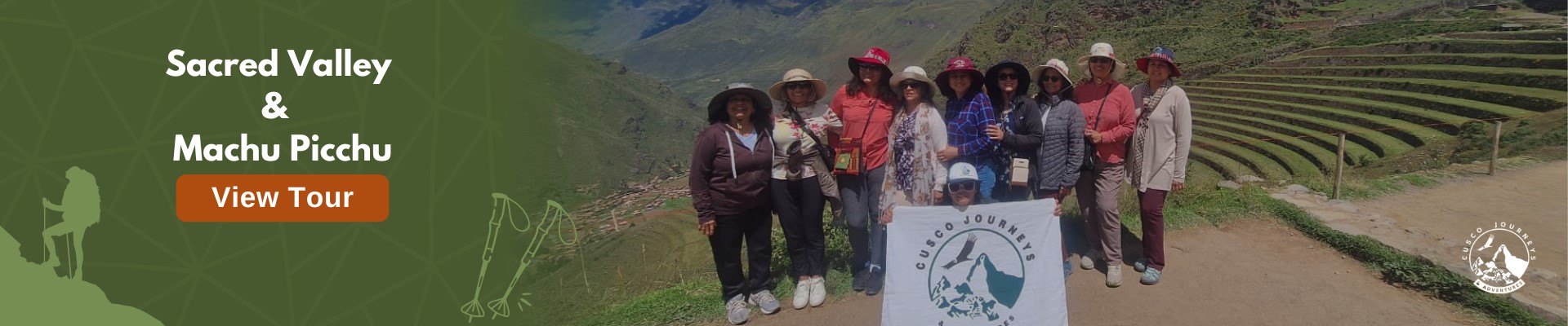 Scenic view of the Sacred Valley with terraced mountains and a distant path leading toward Machu Picchu, Peru.