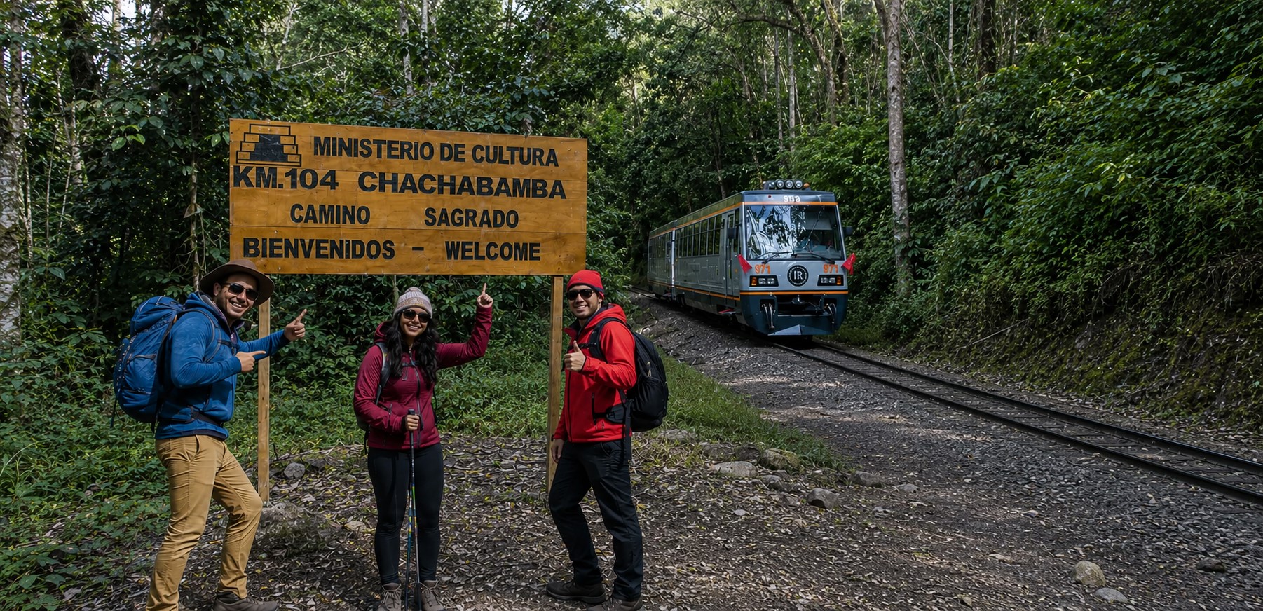 Short Inca Trail to Machu Picchu at Km 104 Chachabamba with hikers and train