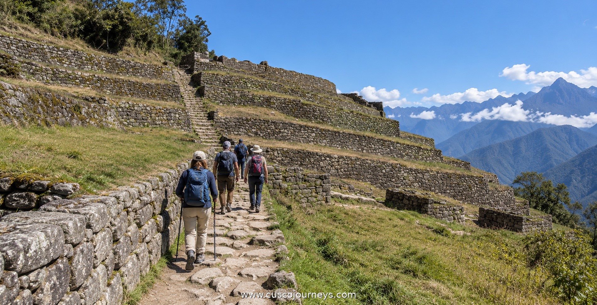 Hikers walking along the Classic Inca Trail Peru through ancient stone terraces in the Andes