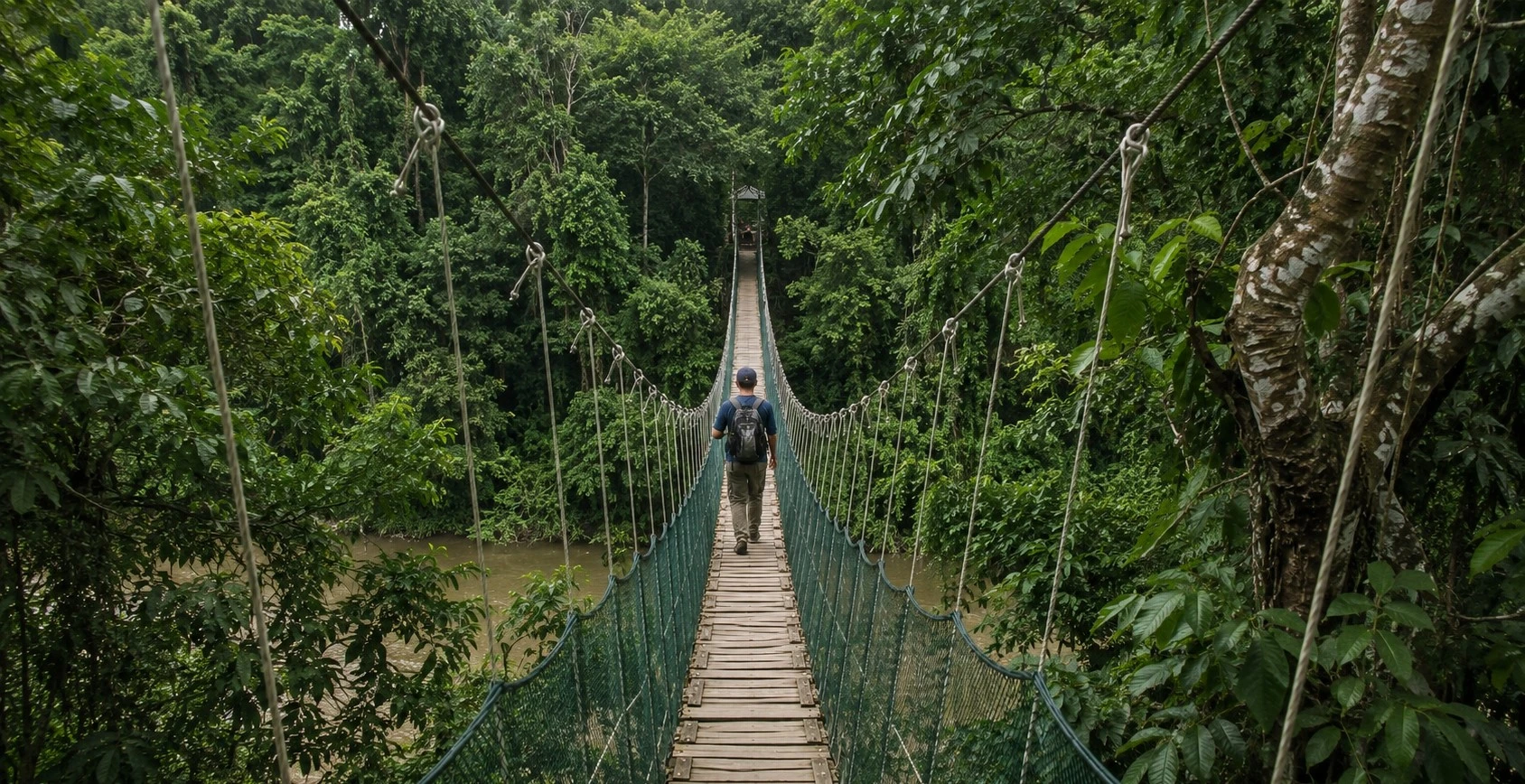 Peruvian Amazon rainforest with lush tropical vegetation and a peaceful river surrounded by diverse wildlife