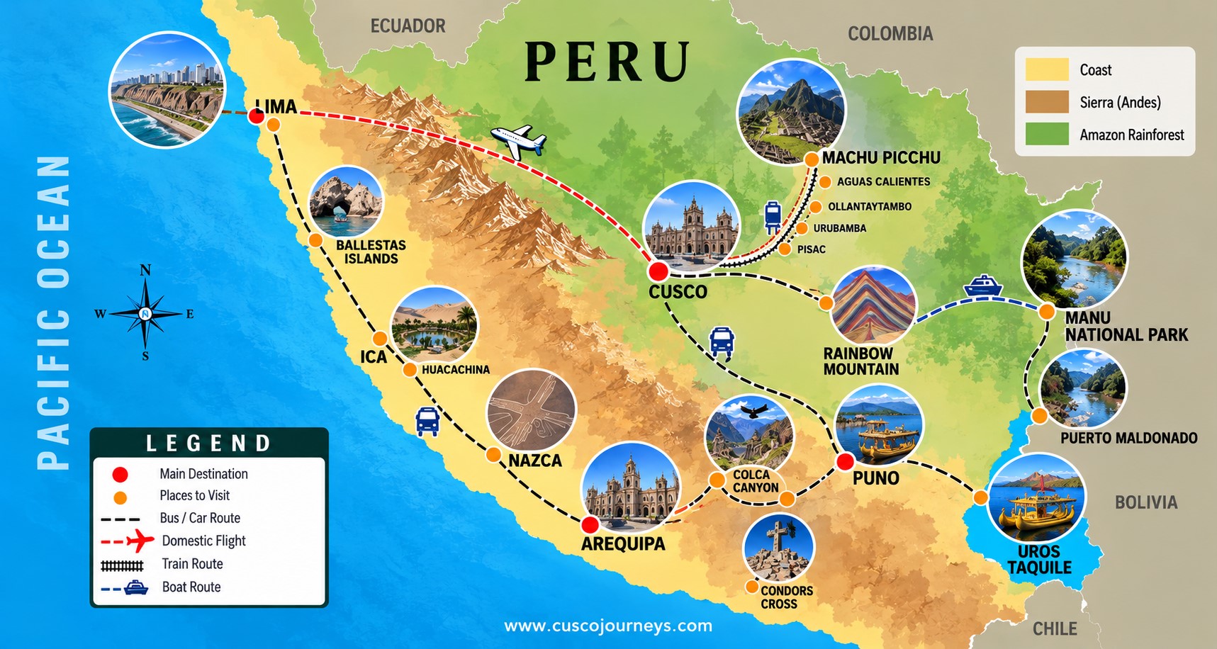 Best Places to Visit in Peru Map showing Lima Cusco Machu Picchu Arequipa Lake Titicaca and Puerto Maldonado
