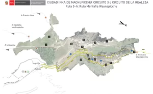 Map of Huayna Picchu Mountain showing hiking trails and viewpoints in Machu Picchu