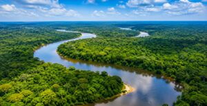 Amazon Rainforest in Peru with lush tropical forest and winding river